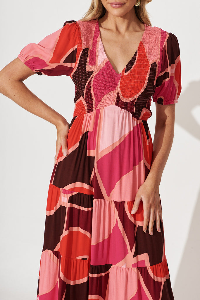 Kami Maxi Dress In Pink With Red Geometric Print Bamboo Rayon - detail