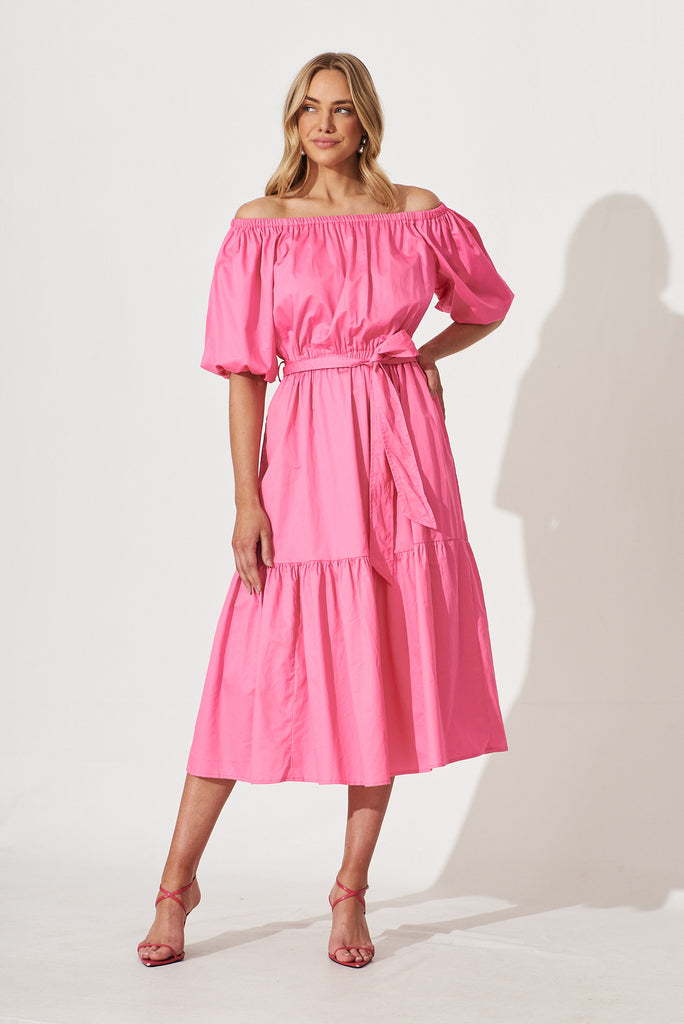 Margarita Midi Dress In Hot Pink Cotton - full length