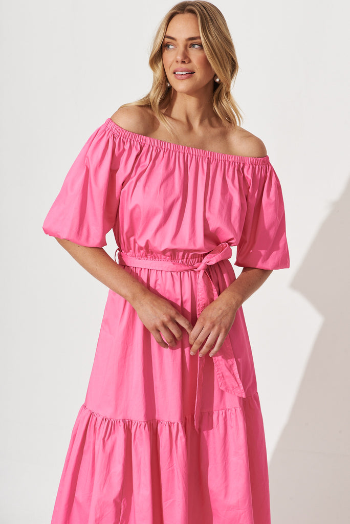 Margarita Midi Dress In Hot Pink Cotton - front