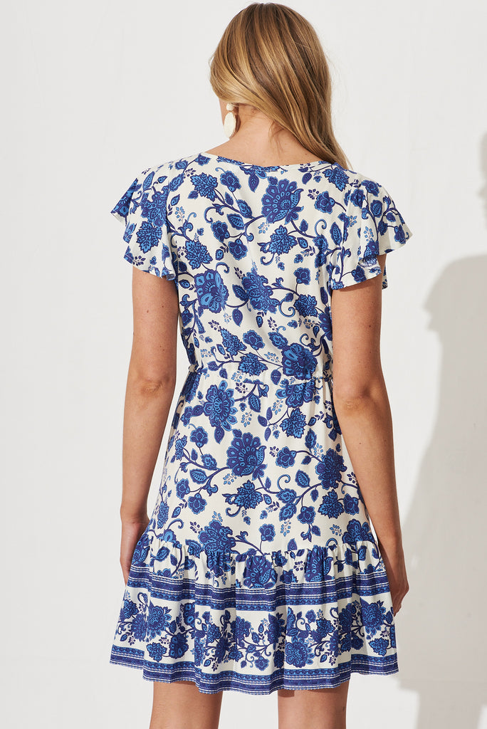 Alive Dress In Cream With Blue Floral Border Print - back