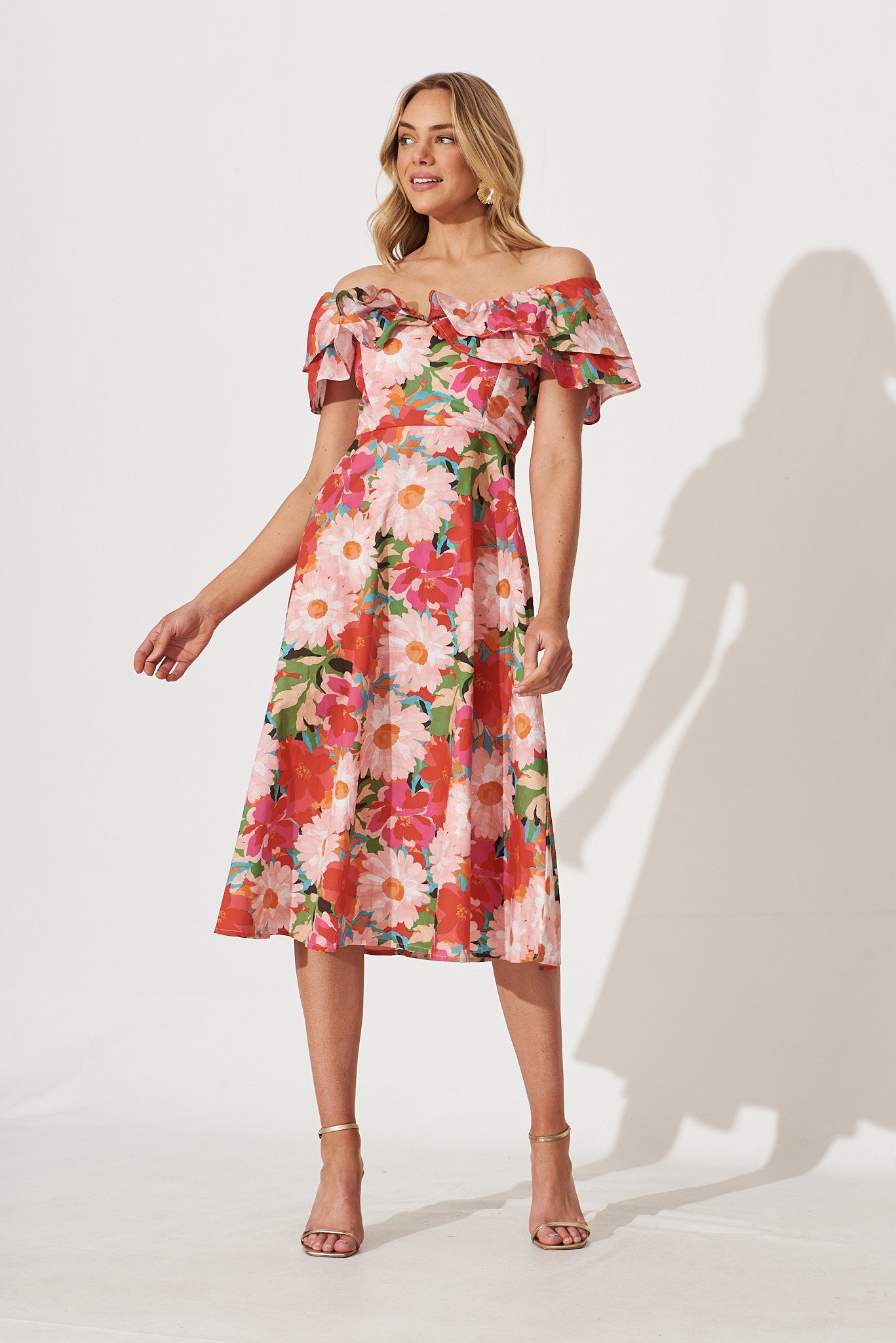 Love Story Midi Dress In Bright Multi Floral Cotton - full length