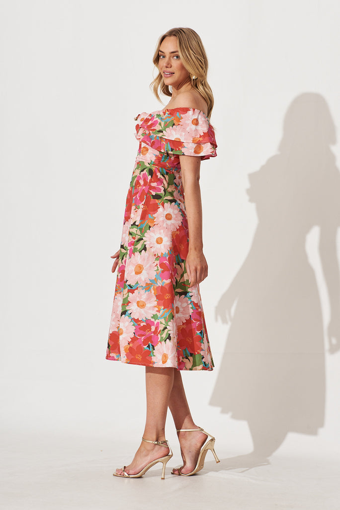 Love Story Midi Dress In Bright Multi Floral Cotton - side