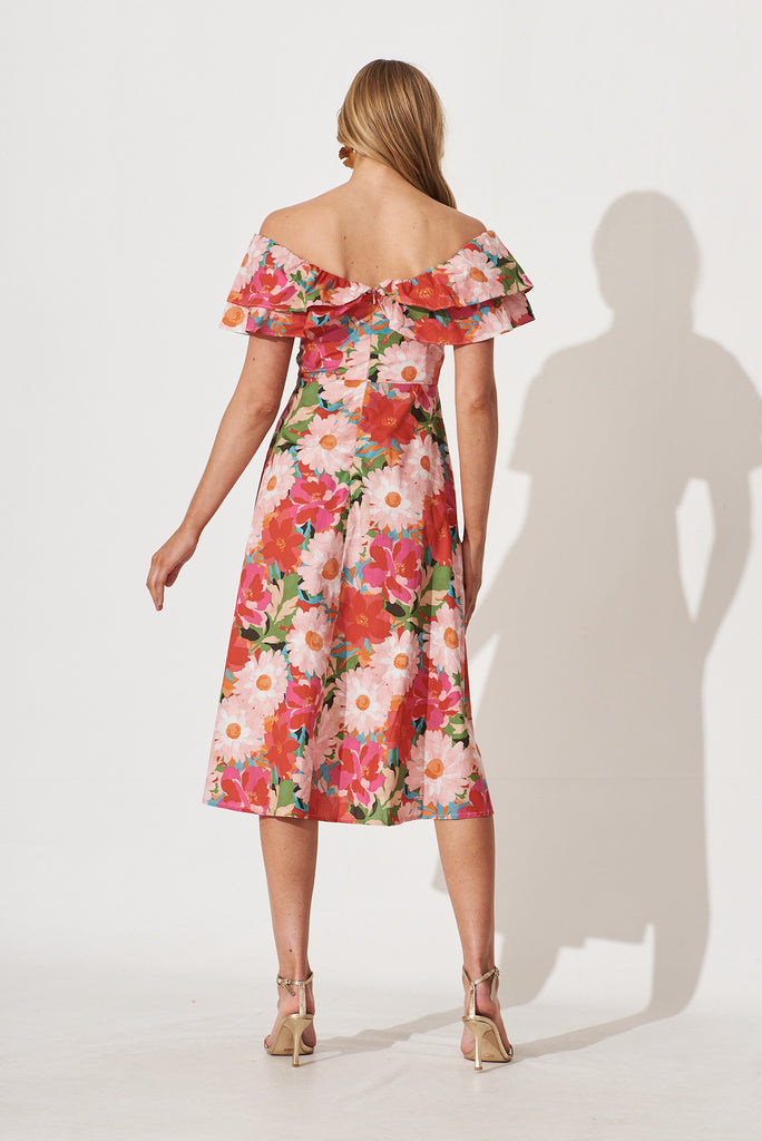 Love Story Midi Dress In Bright Multi Floral Cotton - back