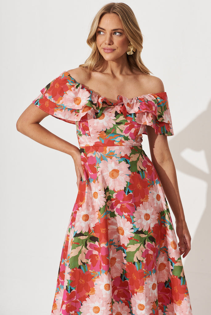 Love Story Midi Dress In Bright Multi Floral Cotton - front