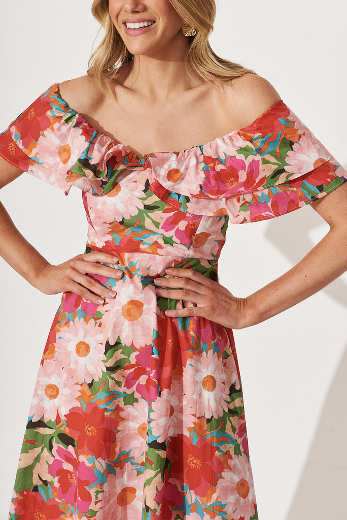 Love Story Midi Dress In Bright Multi Floral Cotton - detail