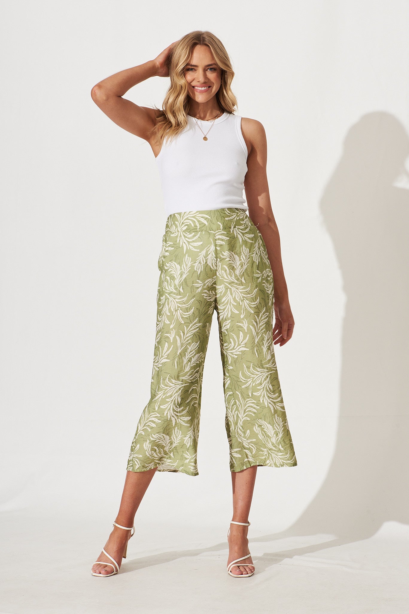 Michigan Pant In Green With Cream Leaf Print - full length