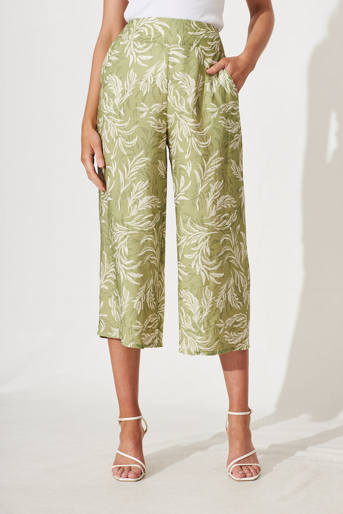 Michigan Pant In Green With Cream Leaf Print - front
