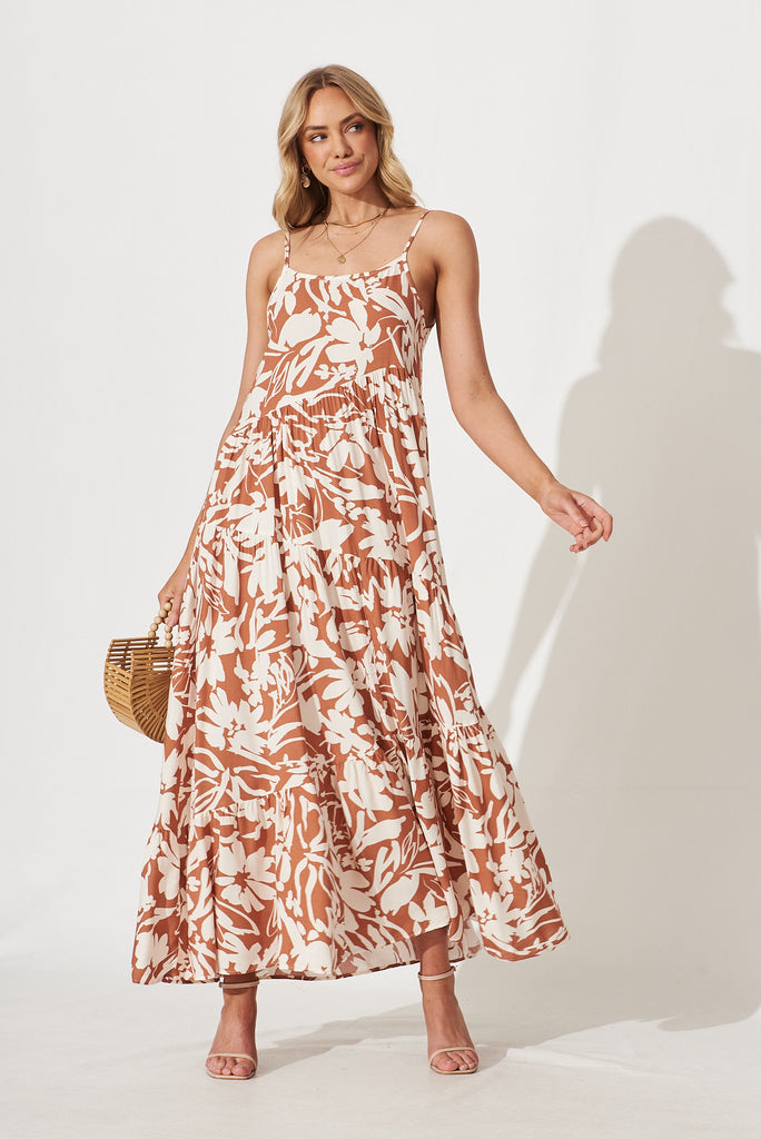 Matilda Maxi Sundress In Brown With Cream Floral - full length