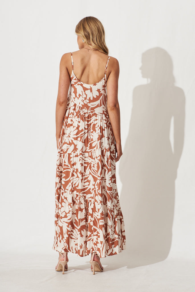 Matilda Maxi Sundress In Brown With Cream Floral - back