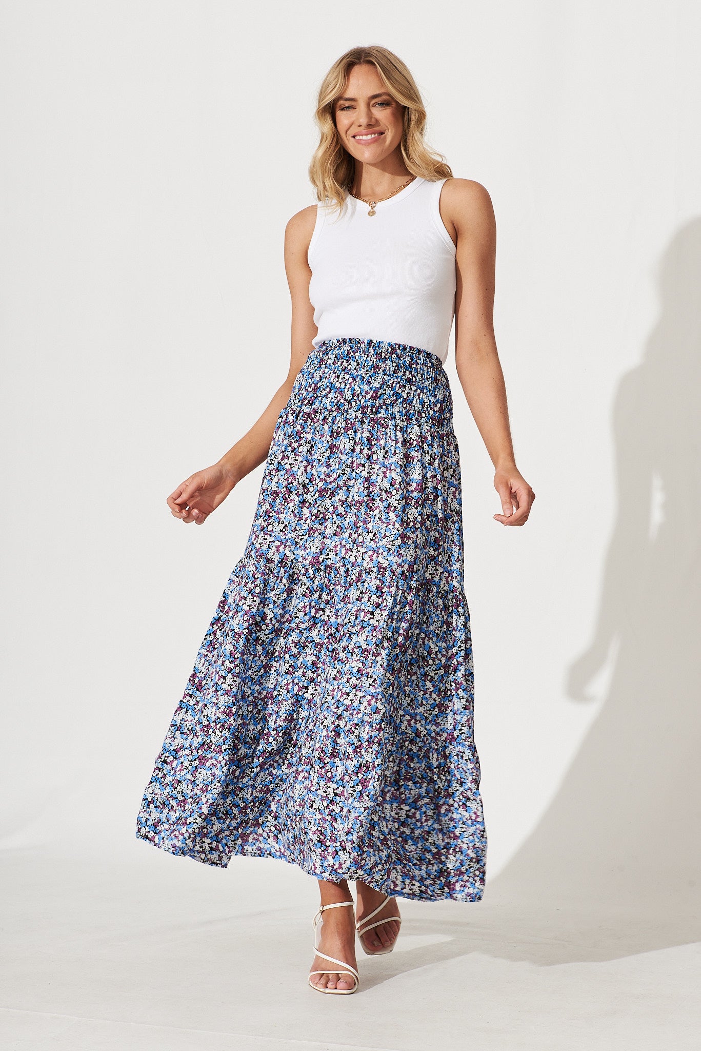 Macarena Maxi Skirt In Blue With Multi Floral - full length