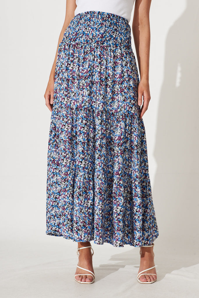 Macarena Maxi Skirt In Blue With Multi Floral - front