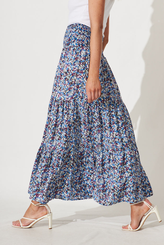 Macarena Maxi Skirt In Blue With Multi Floral - side