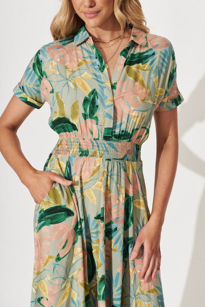 Morganite Midi Dress In Sage Multi Leaf Print - detail