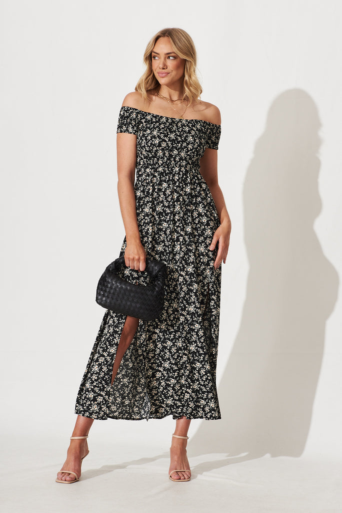 Under The Sun Maxi Dress In Black With Multi Floral Print - full length