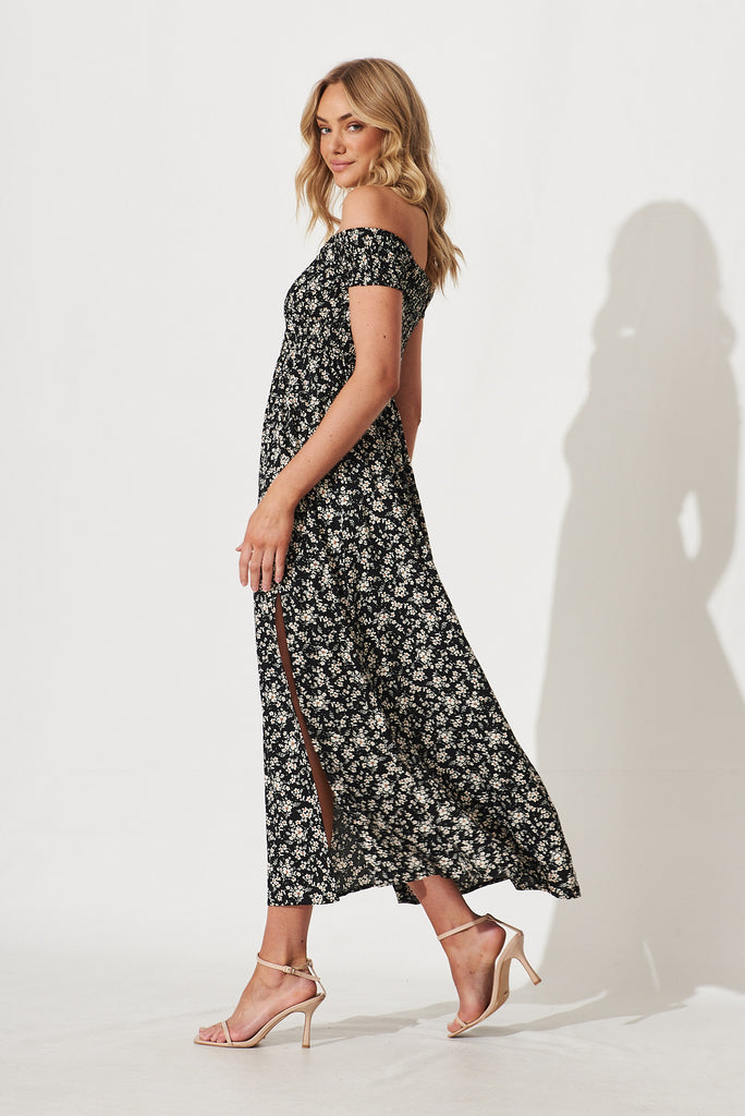Under The Sun Maxi Dress In Black With Multi Floral Print - side