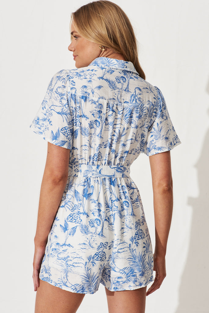 Narita Playsuit In White With Blue Print Linen Cotton Blend - back