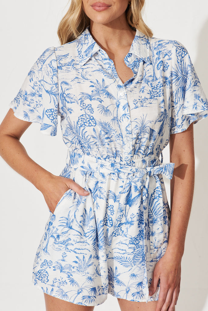 Narita Playsuit In White With Blue Print Linen Cotton Blend - detail