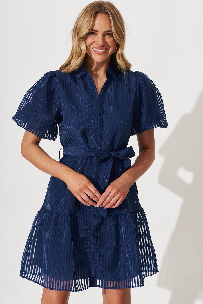 Whitney Shirt Dress In Navy Stripe Organza - front