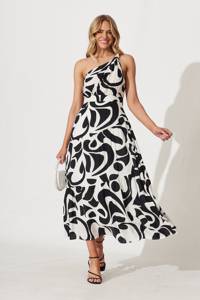Sakura Maxi Dress In Cream With Black Swirl Print - full length