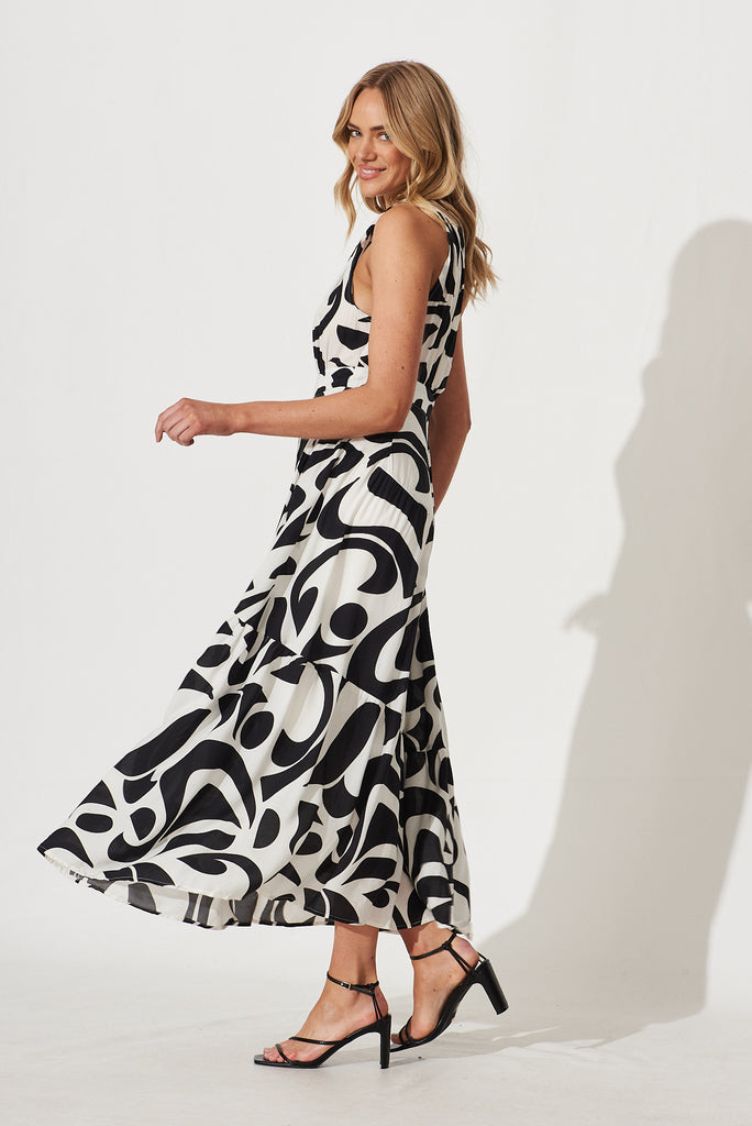 Sakura Maxi Dress In Cream With Black Swirl Print - left side