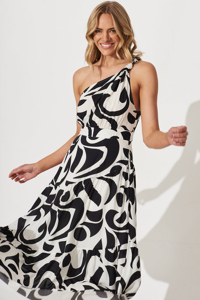 Sakura Maxi Dress In Cream With Black Swirl Print - front