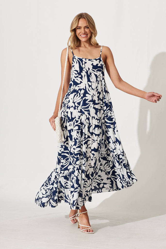 Matilda Maxi Sundress In Navy With Cream Floral - full length