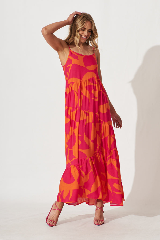 Matilda Maxi Sundress In Tangerine With Pink Print - full length