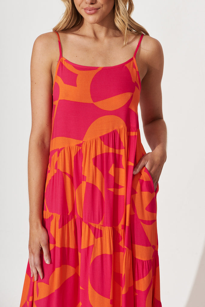 Matilda Maxi Sundress In Tangerine With Pink Print - detail