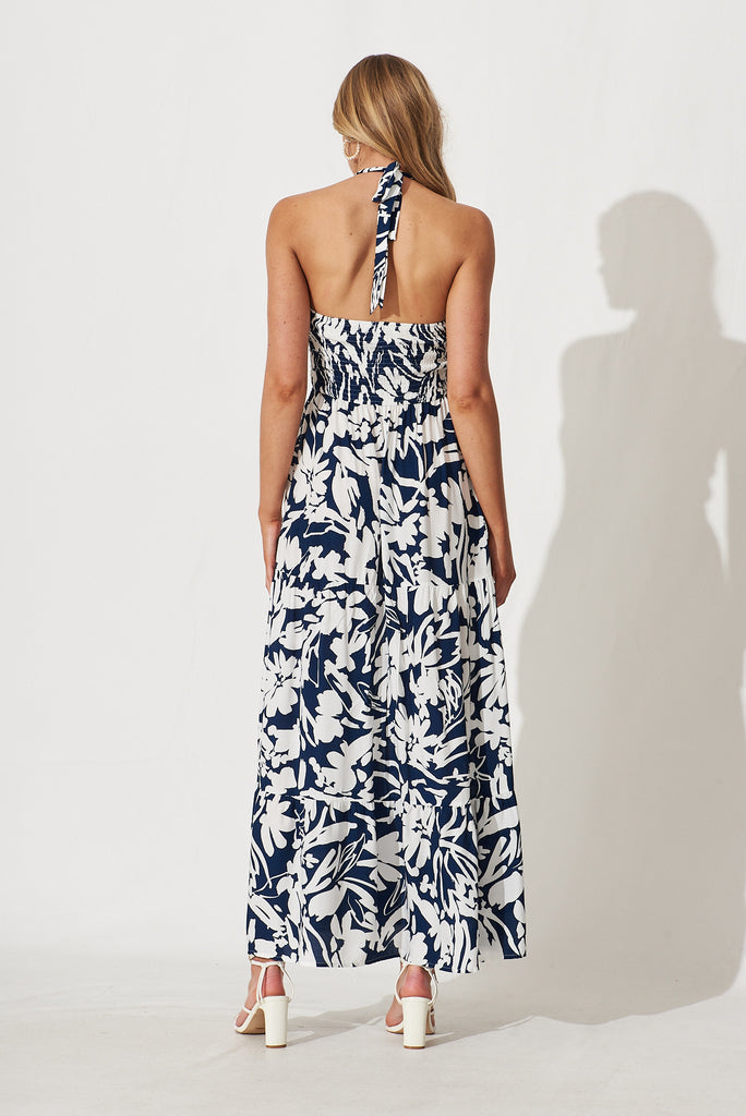 Pixie Halter Neck Maxi Dress In Navy With White Floral Print - back