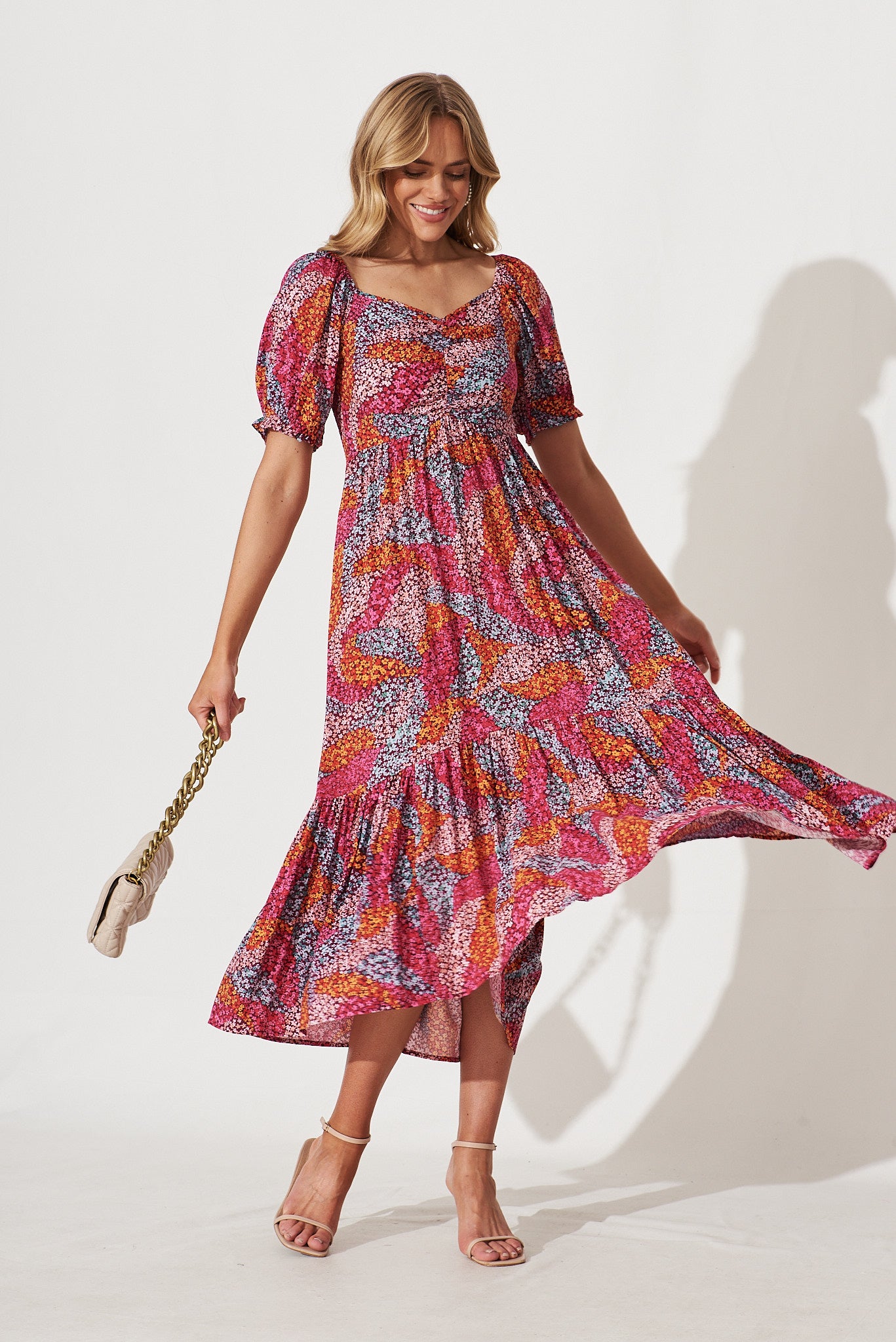 Bed Of Roses Midi Dress In Pink Multi Ditsy Floral – St Frock