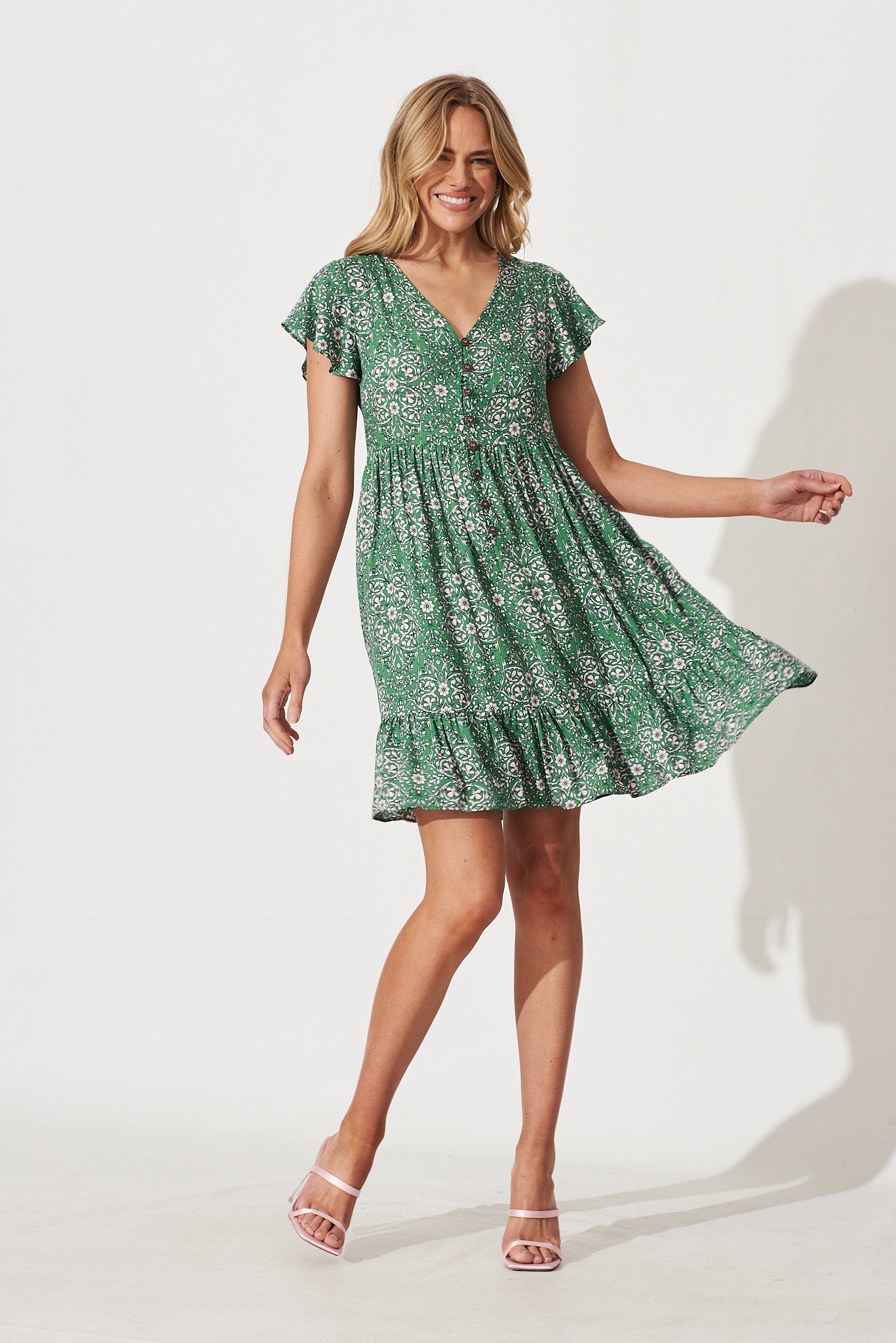 Yarraville Dress In Green With Cream Floral Print - full length