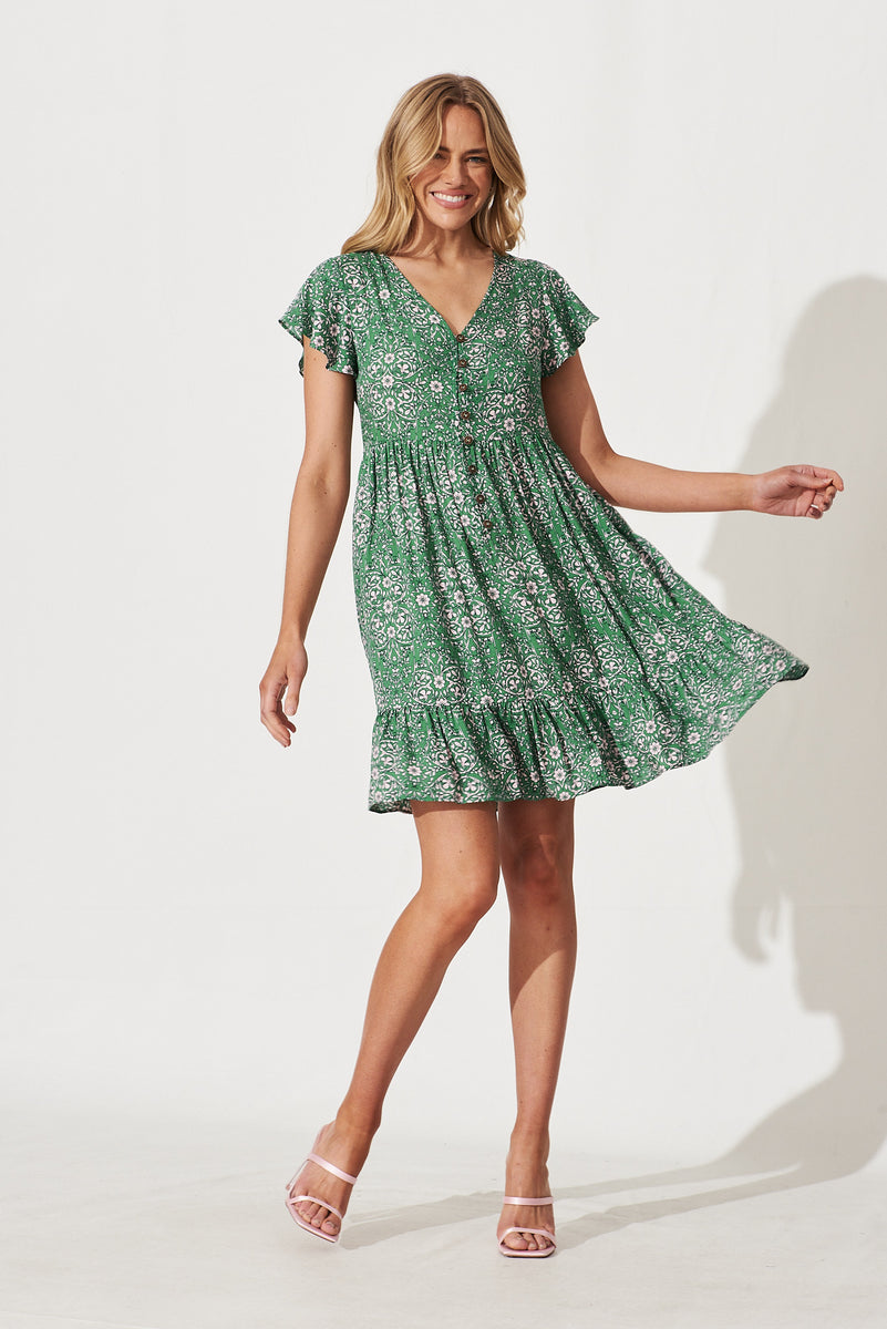 Yarraville Dress In Green With Cream Floral Print St Frock