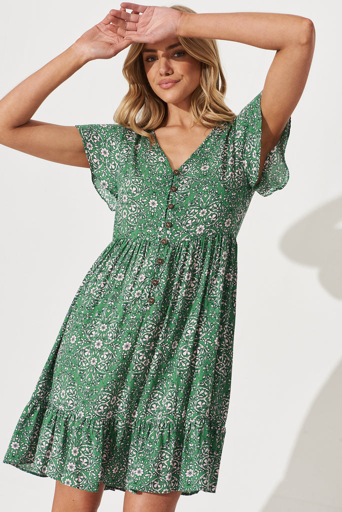 Yarraville Dress In Green With Cream Floral Print - front