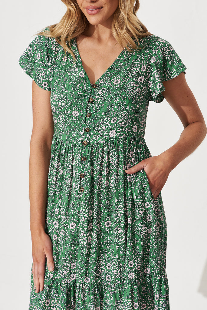 Yarraville Dress In Green With Cream Floral Print - detail