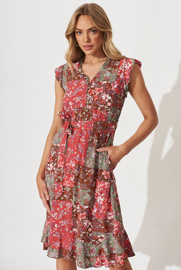 Wolverhampton Midi Dress In Raspberry Patchwork Floral - front