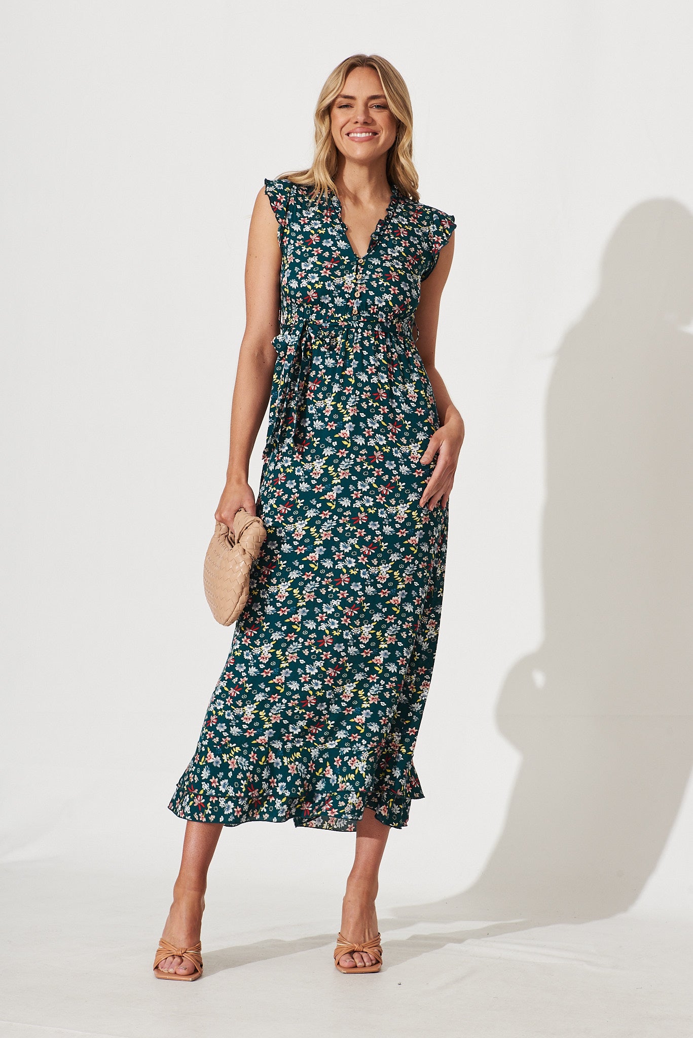 Wolverhampton Maxi Dress In Teal With Floral Print - full length