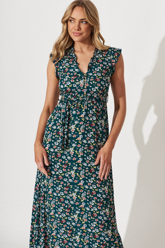 Wolverhampton Maxi Dress In Teal With Floral Print - front