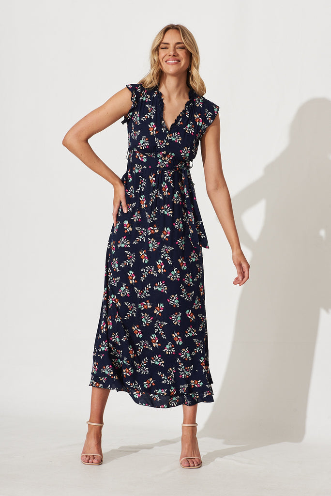 Wolverhampton Maxi Dress In Navy With Floral Print - full length
