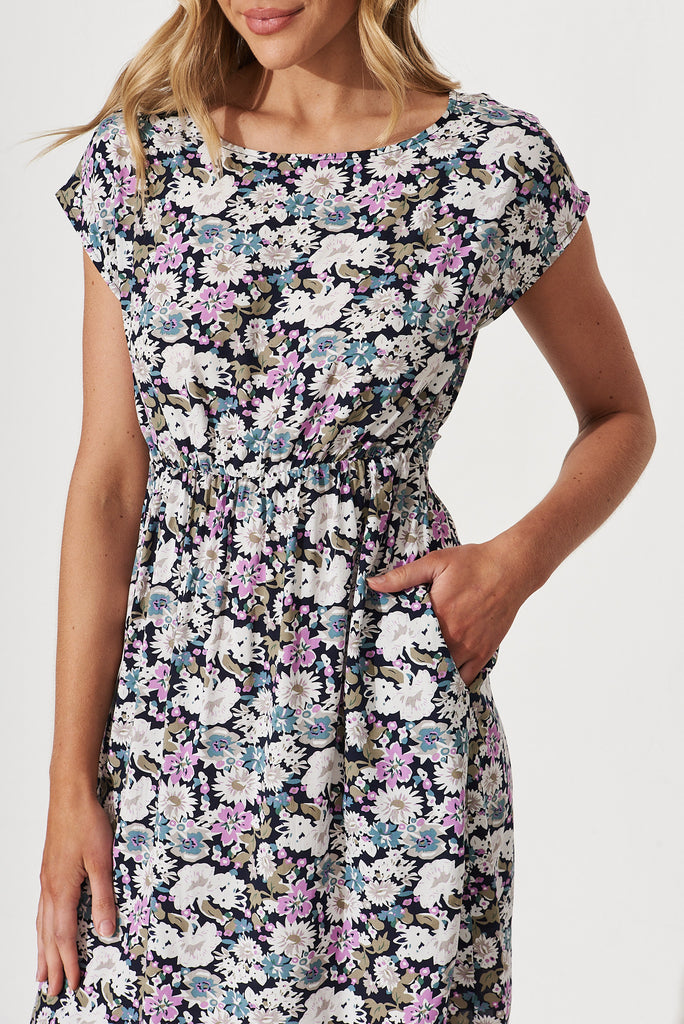 Darcy Dress In Navy With Multi Floral Print - detail