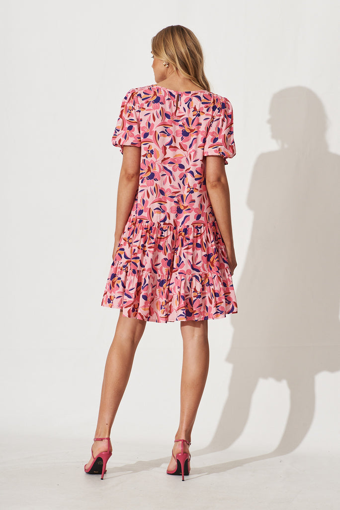 Banksia Smock Dress In Pink With Purple Multi Floral Print - back