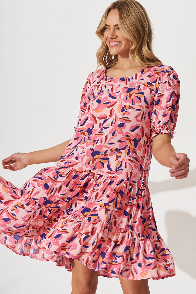 Banksia Smock Dress In Pink With Purple Multi Floral Print - front