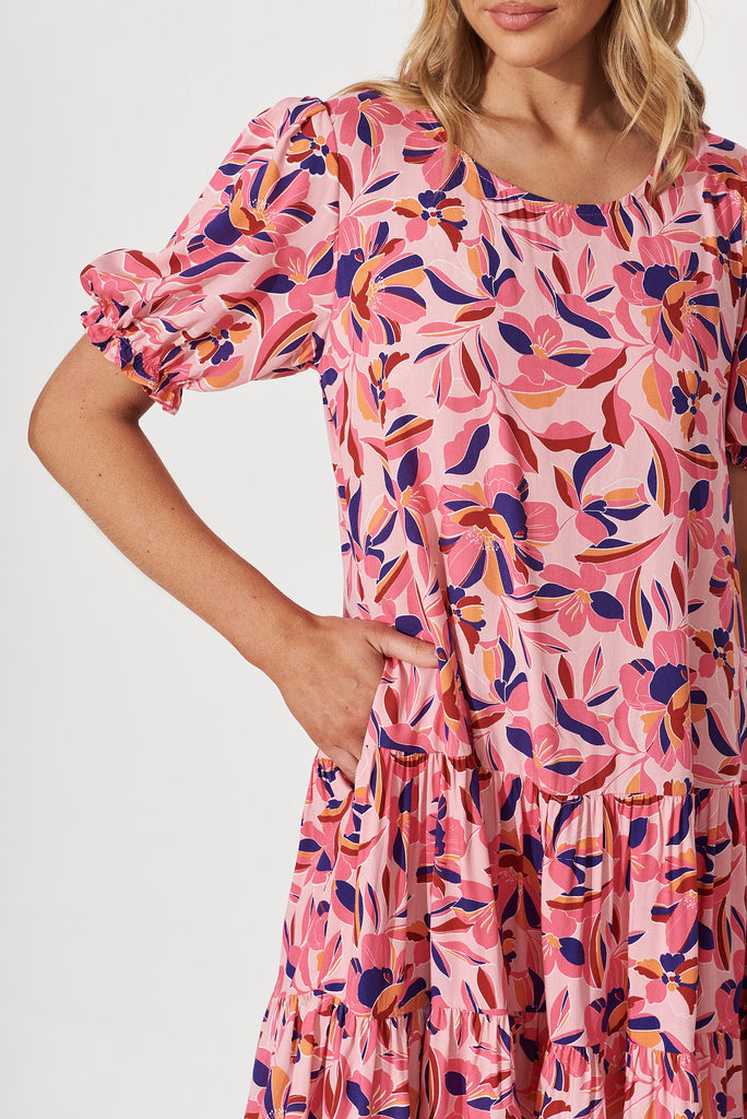 Banksia Smock Dress In Pink With Purple Multi Floral Print - detail
