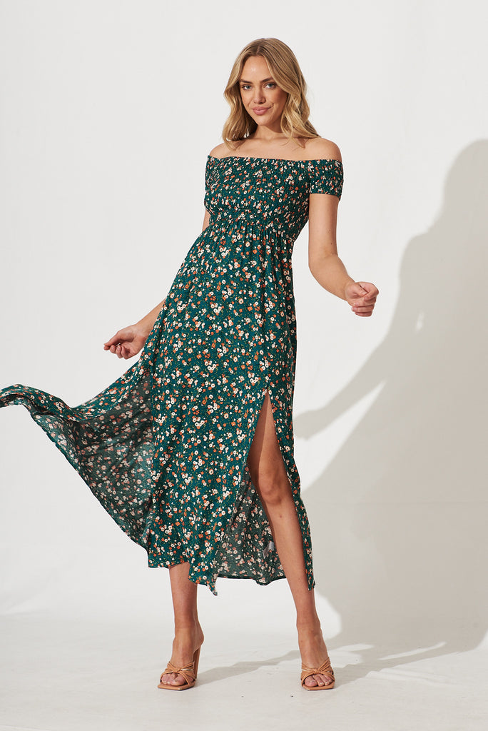 Under The Sun Maxi Dress In Teal With Multi Floral Print - full length