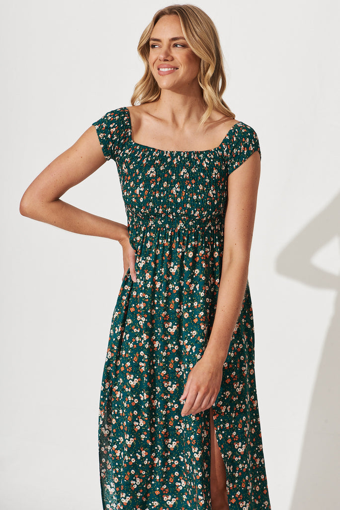 Under The Sun Maxi Dress In Teal With Multi Floral Print - front