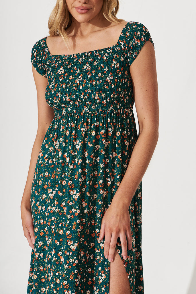 Under The Sun Maxi Dress In Teal With Multi Floral Print - detail