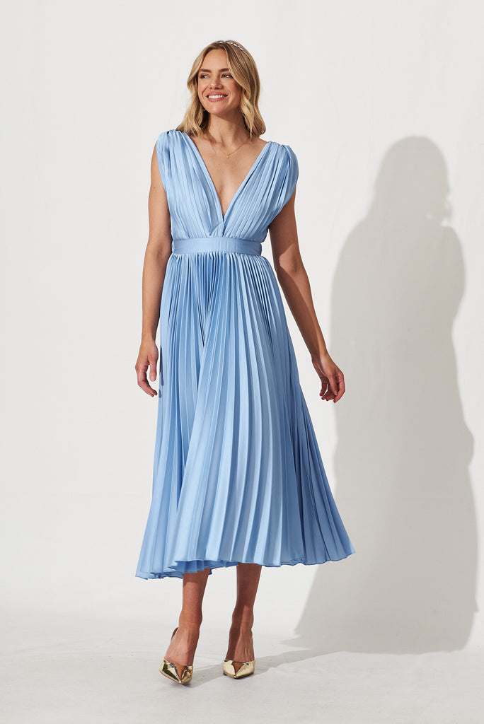 Anette Midi Dress In Pleated Pale Blue Satin - full length