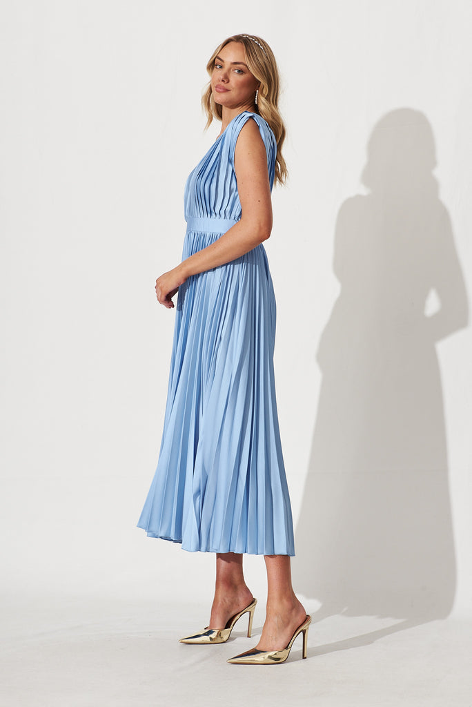 Anette Midi Dress In Pleated Pale Blue Satin - side