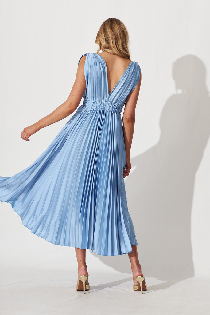 Anette Midi Dress In Pleated Pale Blue Satin - back