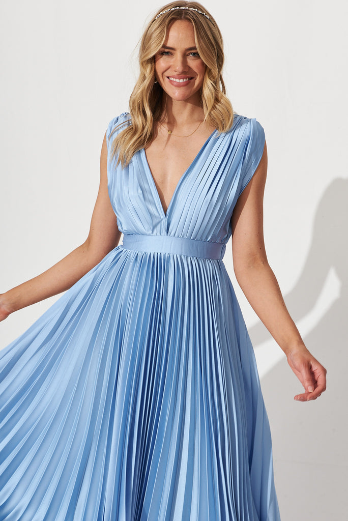 Anette Midi Dress In Pleated Pale Blue Satin - front