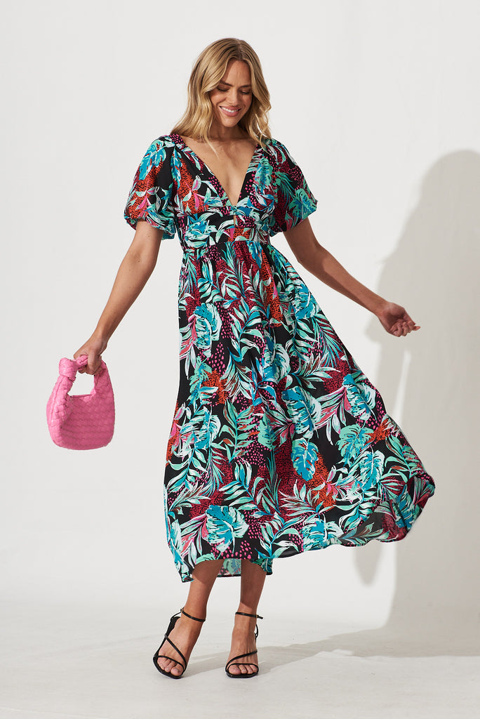 Mel Maxi Dress In Black Multi Tropical Floral Print - full length